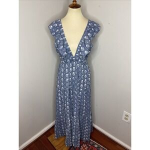 Madison Mathews Blue Floral Block Print Sleeveless Drop Waist‎ Maxi Dress Medium